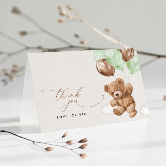 テディベア,ベビーベア,緑の風船,赤ちゃんシャワー サンキューカード