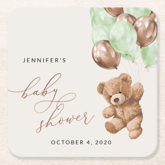 テディベア,ベビーベア,緑の風船,赤ちゃんシャワー スクエアペーパーコースター (正面)