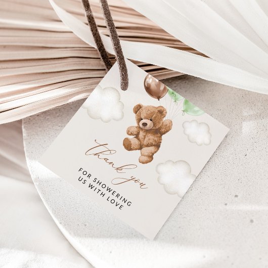 テディベア，ベビーベア，緑の風船，赤ちゃんシャワー フェイバータグ