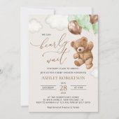 テディベア，ベビーベア，緑の風船，赤ちゃんシャワー 招待状 (正面)