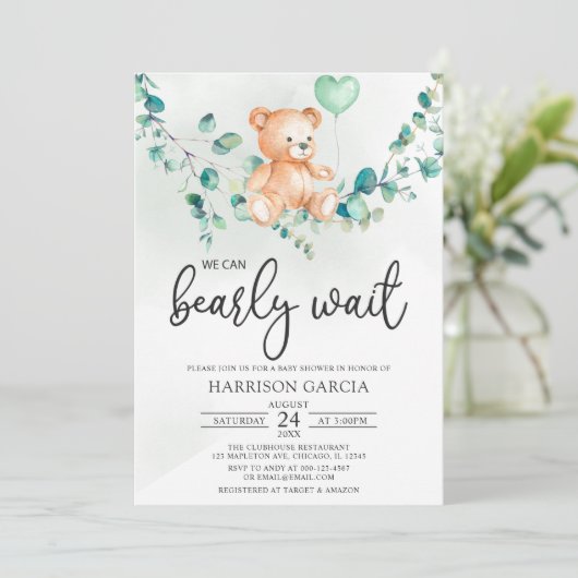 テディベア・ベビー・シャワーを早く待つことができる緑 招待状 (スタンド正面)