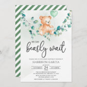 テディベア・ベビー・シャワーを早く待つことができる緑 招待状 (正面/裏面)