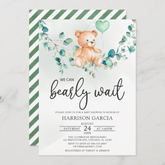 テディベア・ベビー・シャワーを早く待つことができる緑 招待状 (正面/裏面)