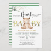 テディベア・ベビー・シャワーを早く待つことができる緑 招待状 (正面/裏面)