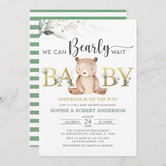 テディベア・ベビー・シャワーを早く待つことができる緑 招待状 (正面/裏面)