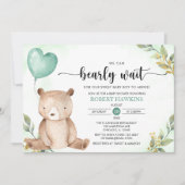 テディベア・ベビー・シャワーを早く待つことができる緑 招待状 (正面)