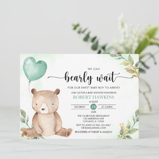 テディベア・ベビー・シャワーを早く待つことができる緑 招待状 (スタンド正面)