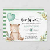 テディベア・ベビー・シャワーを早く待つことができる緑 招待状 (正面/裏面)