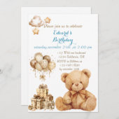 テディベア ベージュ風船 誕生日 招待状 (正面/裏面)