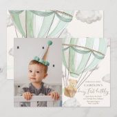 テディベア ホットエアバルーン ファースト バースデー フォト 招待状 (正面/裏面)