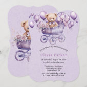 テディベア ラベンダー キャリッジ ガール ベビーシャワー 招待状 (正面/裏面)