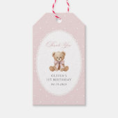 テディベア、リボン、ピンクの水玉、1歳の誕生日 ギフトタグ (正面)