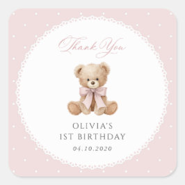 テディベア、リボン、ピンクの水玉、1歳の誕生日 スクエアシール