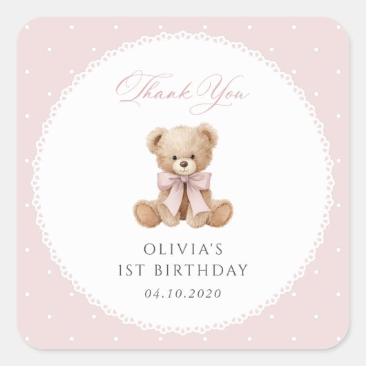 テディベア、リボン、ピンクの水玉、1歳の誕生日 スクエアシール (正面)