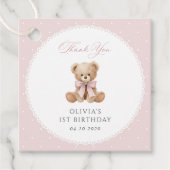 テディベア、リボン、ピンクの水玉、1歳の誕生日 フェイバータグ (正面)