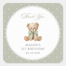 テディベア、リボン、緑の水玉、1歳の誕生日