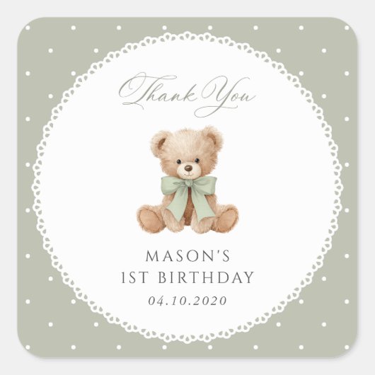 テディベア、リボン、緑の水玉、1歳の誕生日 スクエアシール (正面)