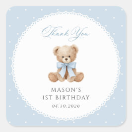テディベア、リボン、青い水玉、1歳の誕生日 スクエアシール