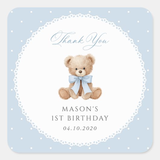 テディベア、リボン、青い水玉、1歳の誕生日 スクエアシール (正面)