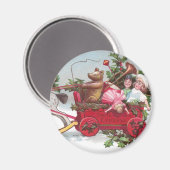 テディベア、人形、ワゴンヴィンテージクリスマス マグネット (正面/裏面)