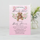 テディベア、待ちきれない ピンクの女の子のベビーシャワー 招待状 (スタンド正面)