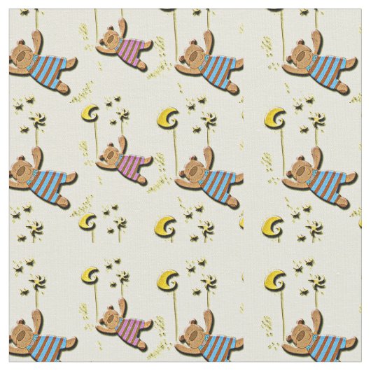 テディベア、月と星のパターン ファブリック (クローズアップ)