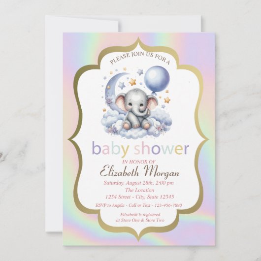 テディベア，月，星ホログラフィックベビーシャワー 招待状 (正面)