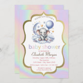 テディベア，月，星ホログラフィックベビーシャワー 招待状 (正面/裏面)