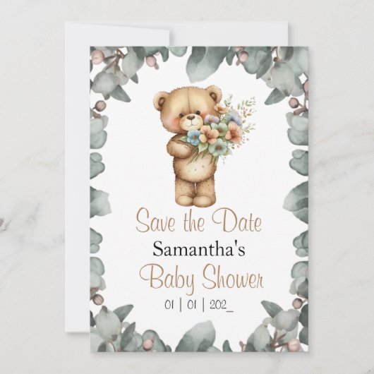 テディベア  水彩 白の日付 招待状 (正面)