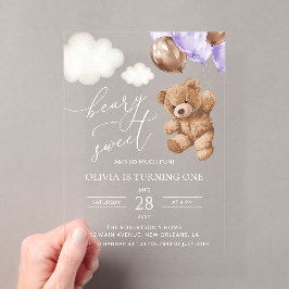 テディベア、紫の風船、1歳の誕生日 アクリル招待状