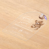 テディベア、紫色のバルーン、最初の誕生日 アクリル招待状 (レイダウン)