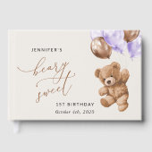 テディベア、紫色のバルーン、最初の誕生日 ゲストブック (正面)