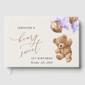 テディベア、紫色のバルーン、最初の誕生日 ゲストブック (正面)