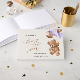 テディベア、紫色のバルーン、最初の誕生日 ゲストブック