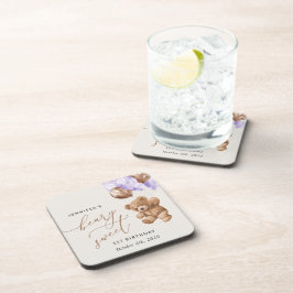 テディベア、紫色のバルーン、最初の誕生日 コースター