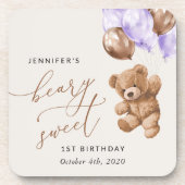 テディベア、紫色のバルーン、最初の誕生日 コースター (正面)