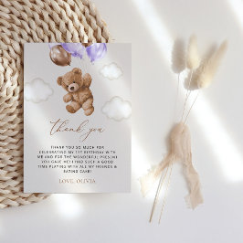 テディベア、紫色のバルーン、最初の誕生日 サンキューカード