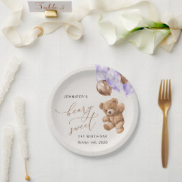 テディベア、紫色のバルーン、最初の誕生日 ペーパープレート