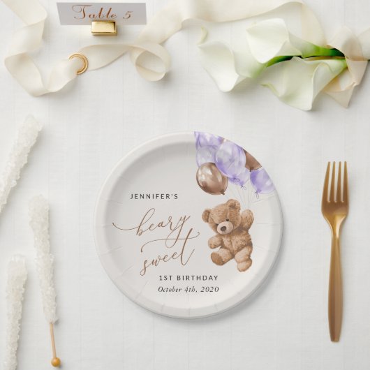 テディベア、紫色のバルーン、最初の誕生日 ペーパープレート (ウェディング)