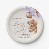 テディベア、紫色のバルーン、最初の誕生日 ペーパープレート (正面)