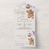 テディベア、紫風船、初めての誕生日 オールインワン招待状 (内側)