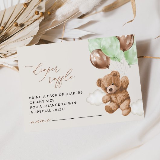テディベア,緑のバルーン,おむつラッフル エンクロージャーカード