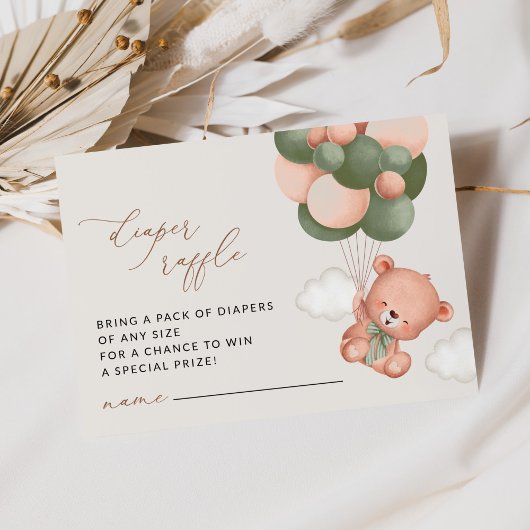 テディベア，緑のバルーン，おむつラッフル エンクロージャーカード