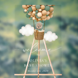 テディベア、緑のバルーン、ベビーシャワーへようこそ アクリルサイン