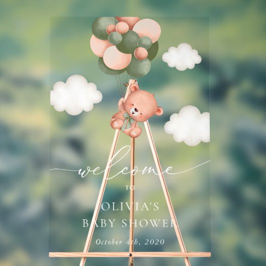 テディベア、緑のバルーン、ベビーシャワーへようこそ アクリルサイン (ニュートラル)