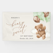 テディベア、緑のバルーン、最初の誕生日へようこそ 横断幕 (横)