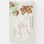 テディベア、緑のバルーン、最初の誕生日へようこそ 横断幕 (縦)