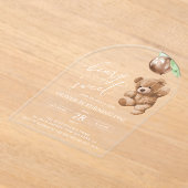 テディベア、緑のバルーン、最初の誕生日 アクリル招待状 (レイダウン)