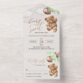 テディベア、緑のバルーン、最初の誕生日 オールインワン招待状 (内側)