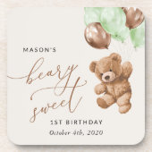 テディベア、緑のバルーン、最初の誕生日 コースター (正面)